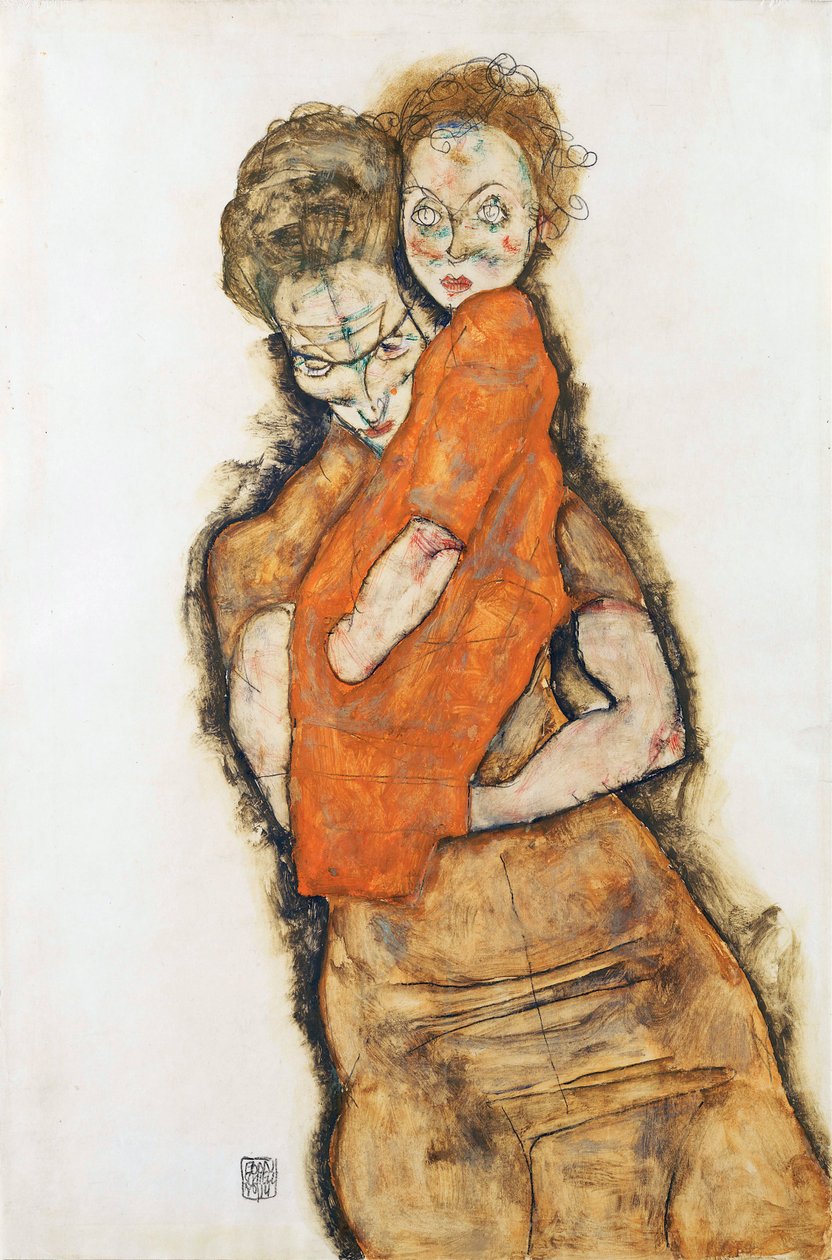 Äiti ja lapsi - Schiele, Egon (1890-1918) - 1914 - Musta liitu, guassi paperille - 48,2x31,9 - Leopold-museo, Wien tekijältä Egon Schiele