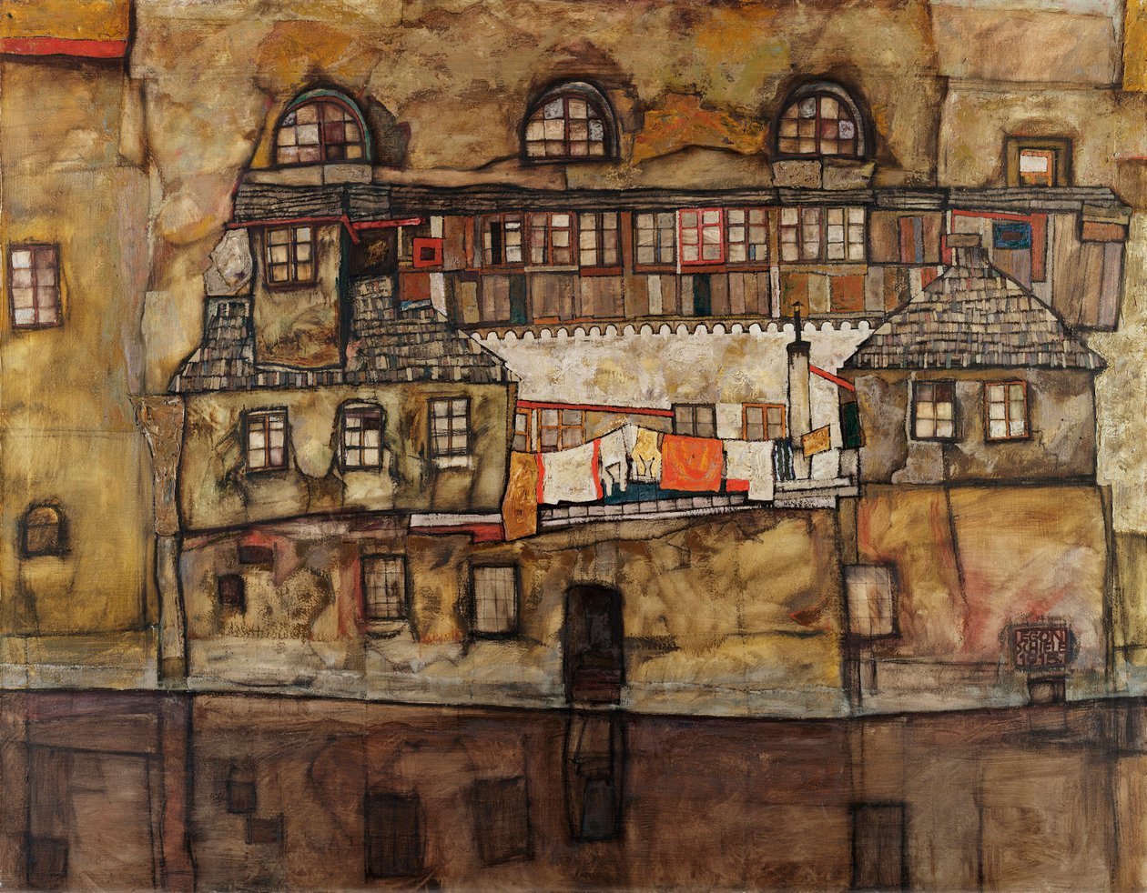 Talojen seinä joella - Egon Schielen (1890-1918) maalaus, öljy kankaalle tekijältä Egon Schiele