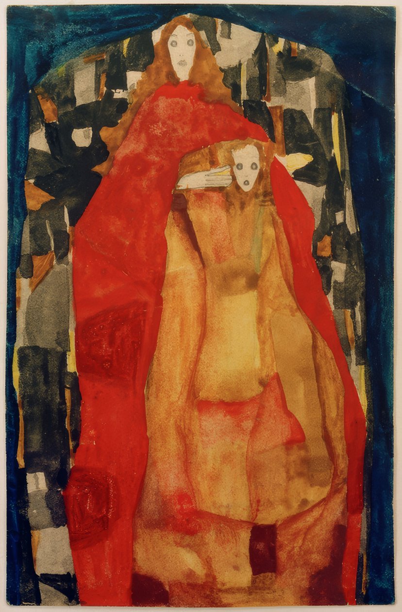 Äiti ja lapsi punaisessa takissa tekijältä Egon Schiele