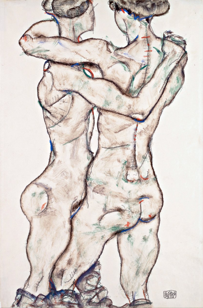 Alastomia tyttöjä syleilemässä - Schiele, Egon (1890-1918) - 1914 - musta liitu, guassi paperille - 48x31,2 - Leopold-museo, Wien tekijältä Egon Schiele