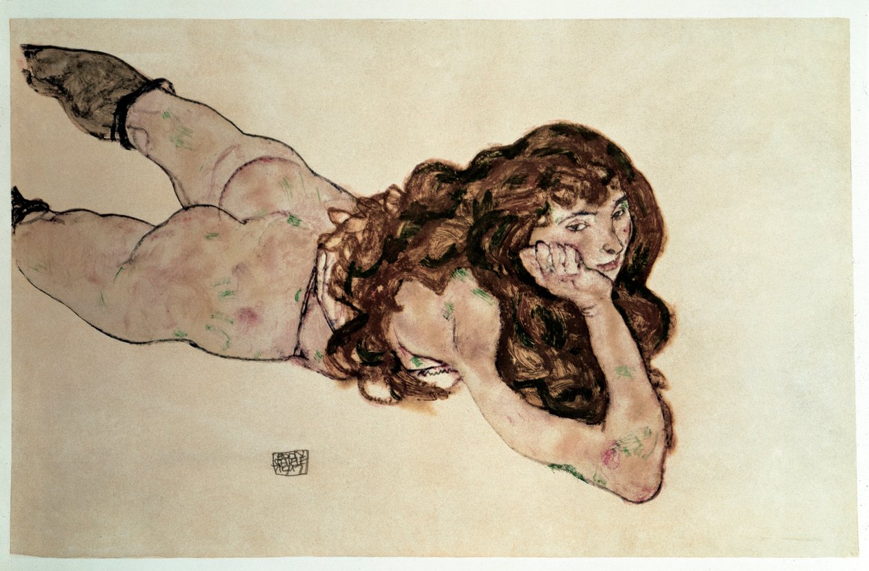 Alaston feminiininen litteä vatsa. Piirustus Egon Schiele tekijältä Egon Schiele