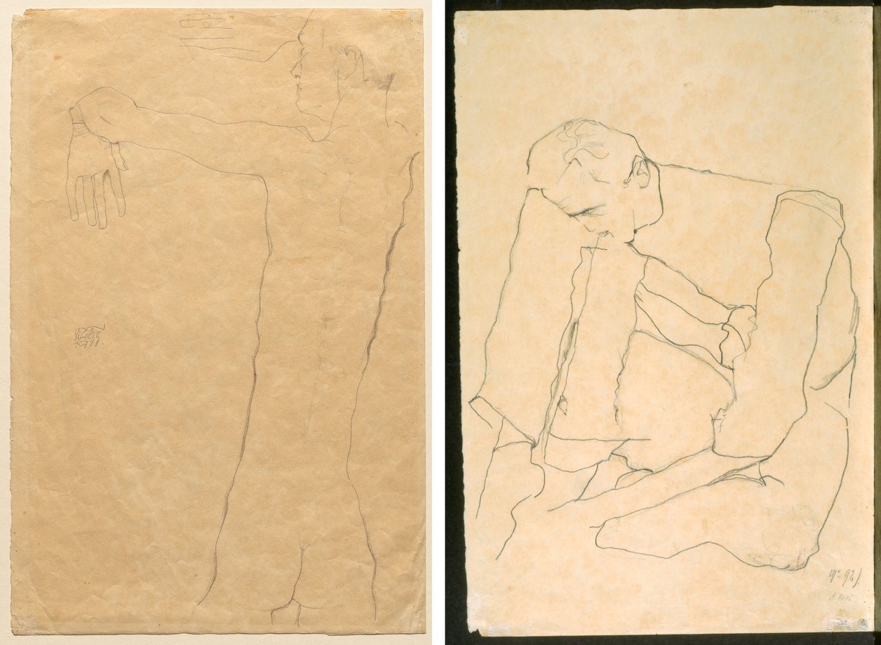 Alaston mies kädet ylös (recto) Istuva mies (käänteinen) tekijältä Egon Schiele