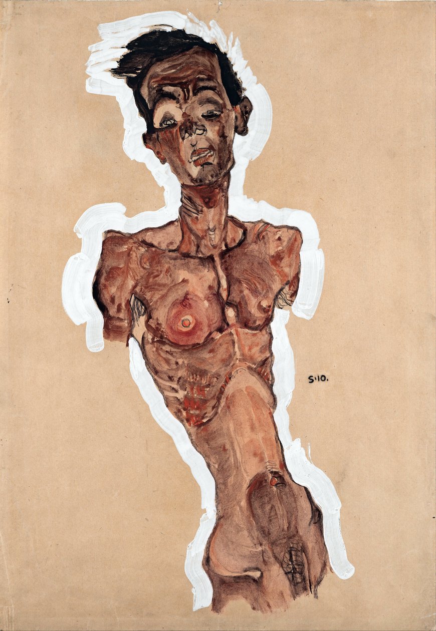 Alaston omakuva - Schiele, Egon (1890-1918) - 1910 - musta liitu, guassi paperille - 44,9x31,3 - Leopold-museo, Wien tekijältä Egon Schiele