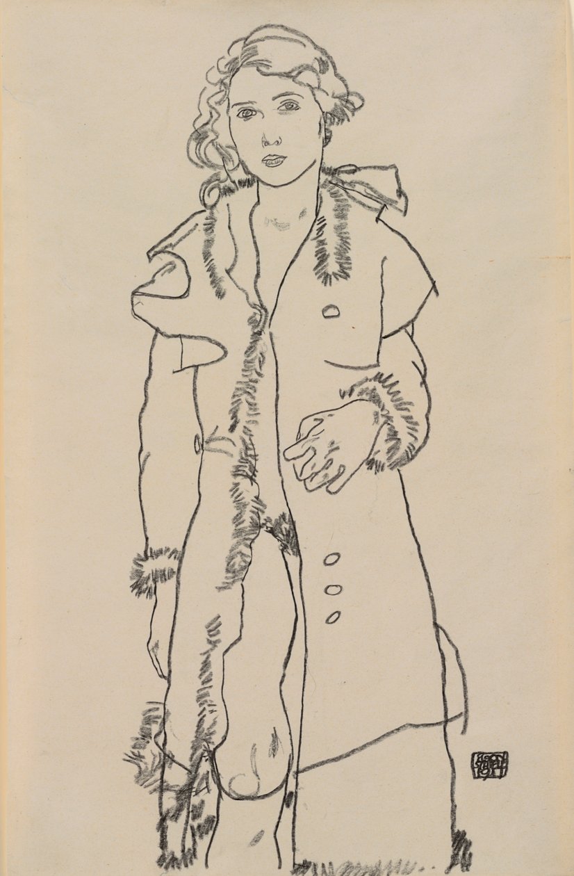 Nude ja turkisleikattu takki; Alaston tyttö turkisreunuksella, 1917 tekijältä Egon Schiele