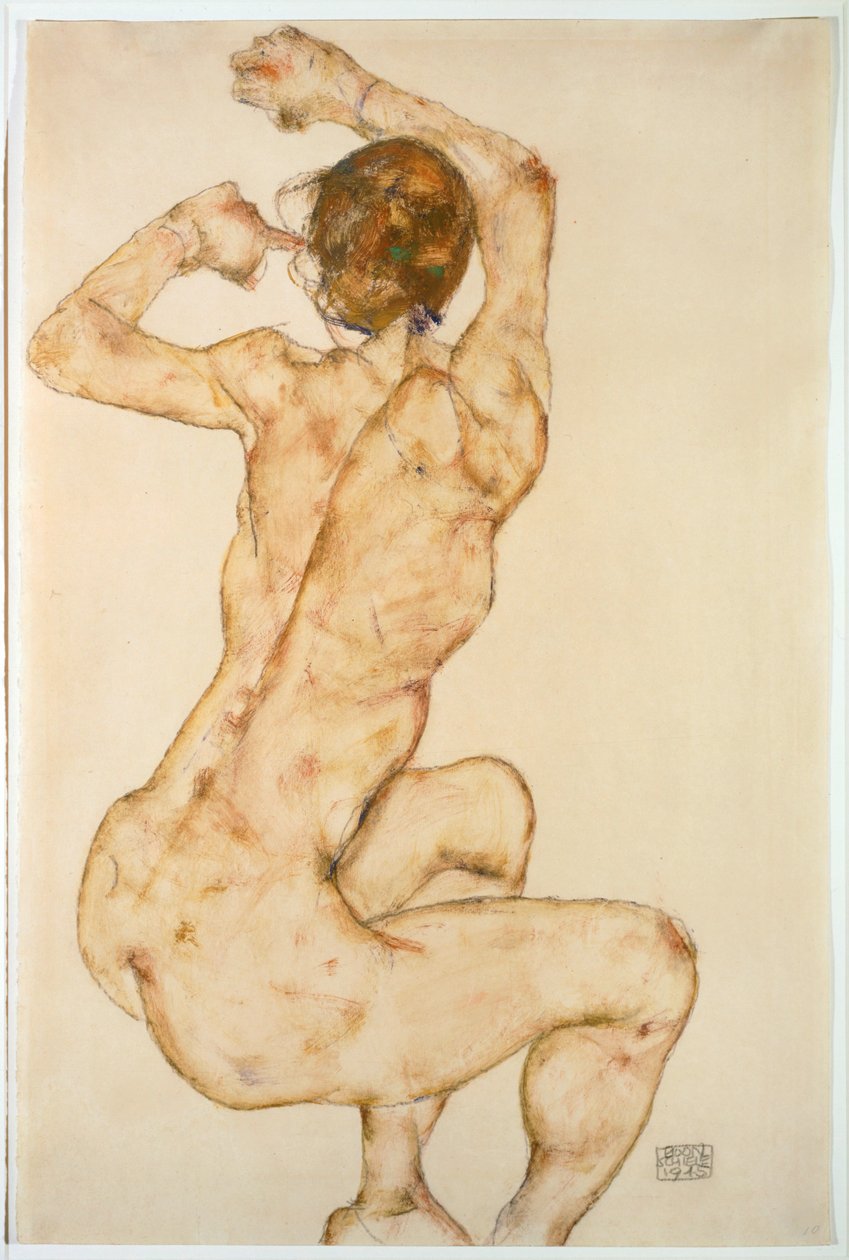 Alaston kohotetuin käsivarsin ... (guassi ja lyijykynä) tekijältä Egon Schiele