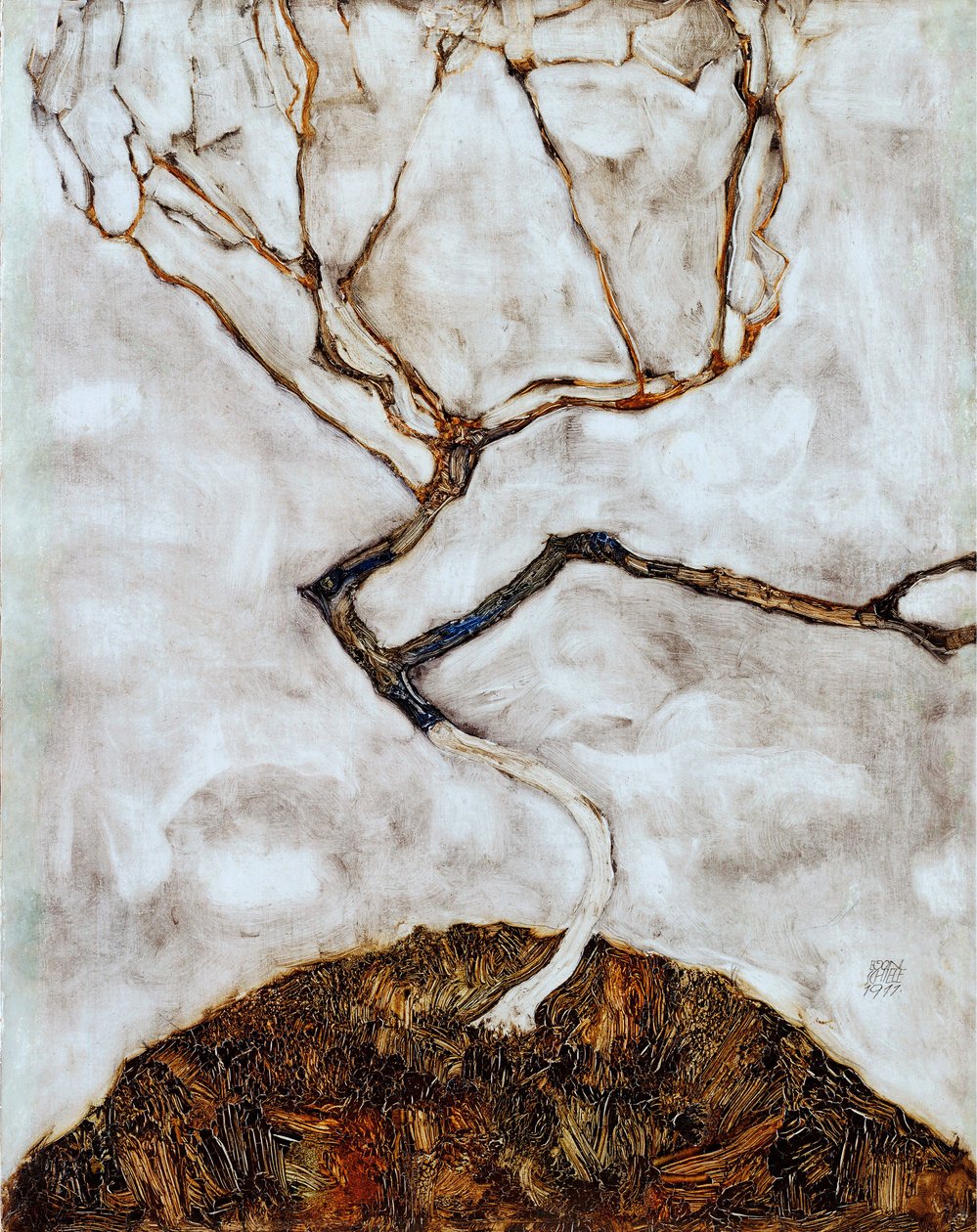 Pieni puu myöhään syksyllä - Egon Schielen (1890-1918) maalaus öljy kankaalle (42x33,5 cm) tekijältä Egon Schiele