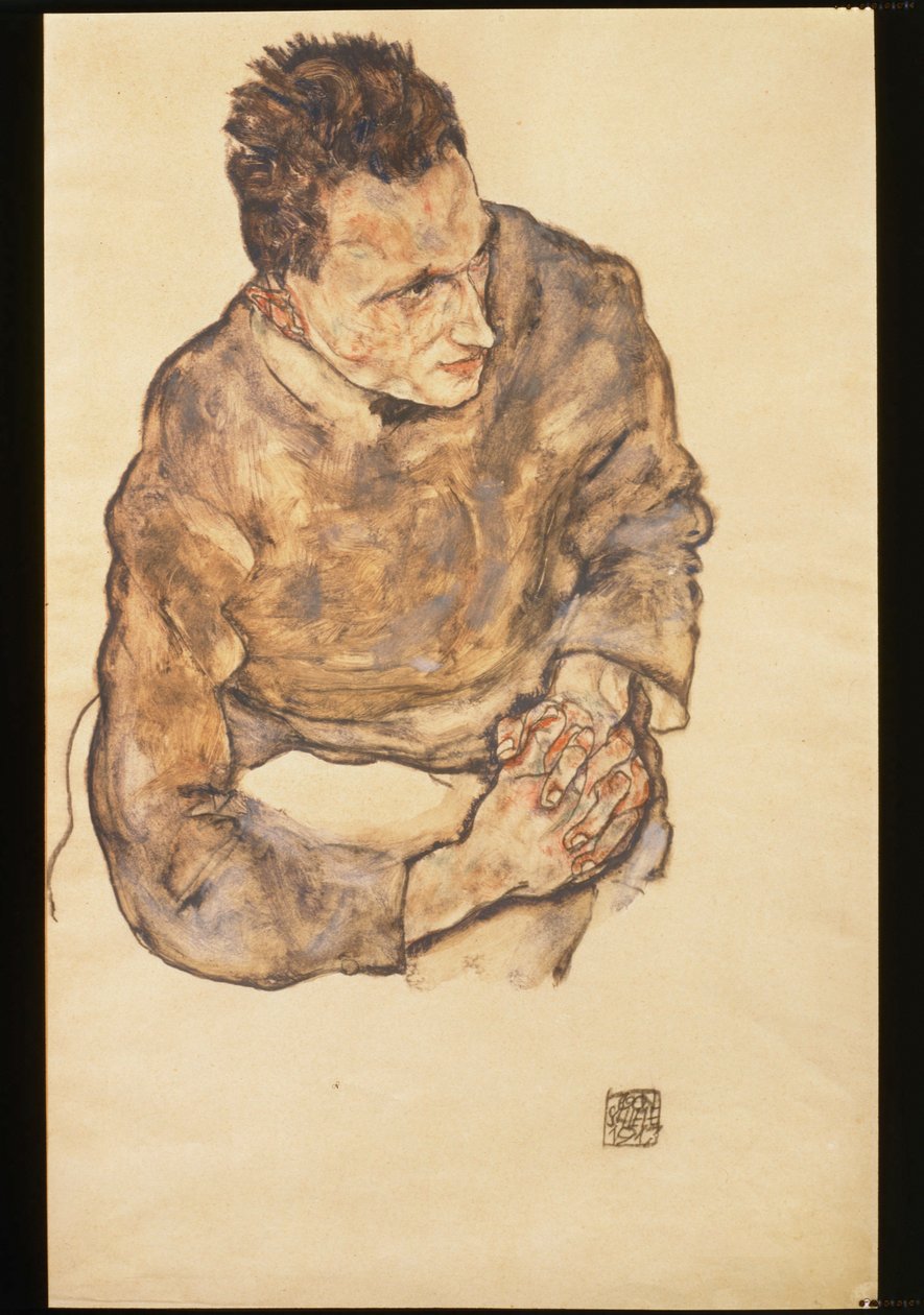 Karl Grünwaldin muotokuva, kädet puristettuna ... (akvarelli ja musta väriliitu) tekijältä Egon Schiele