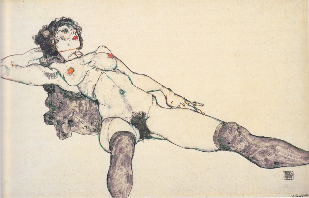 Makaava nainen alaston jalat levitettyinä, 1914 tekijältä Egon Schiele