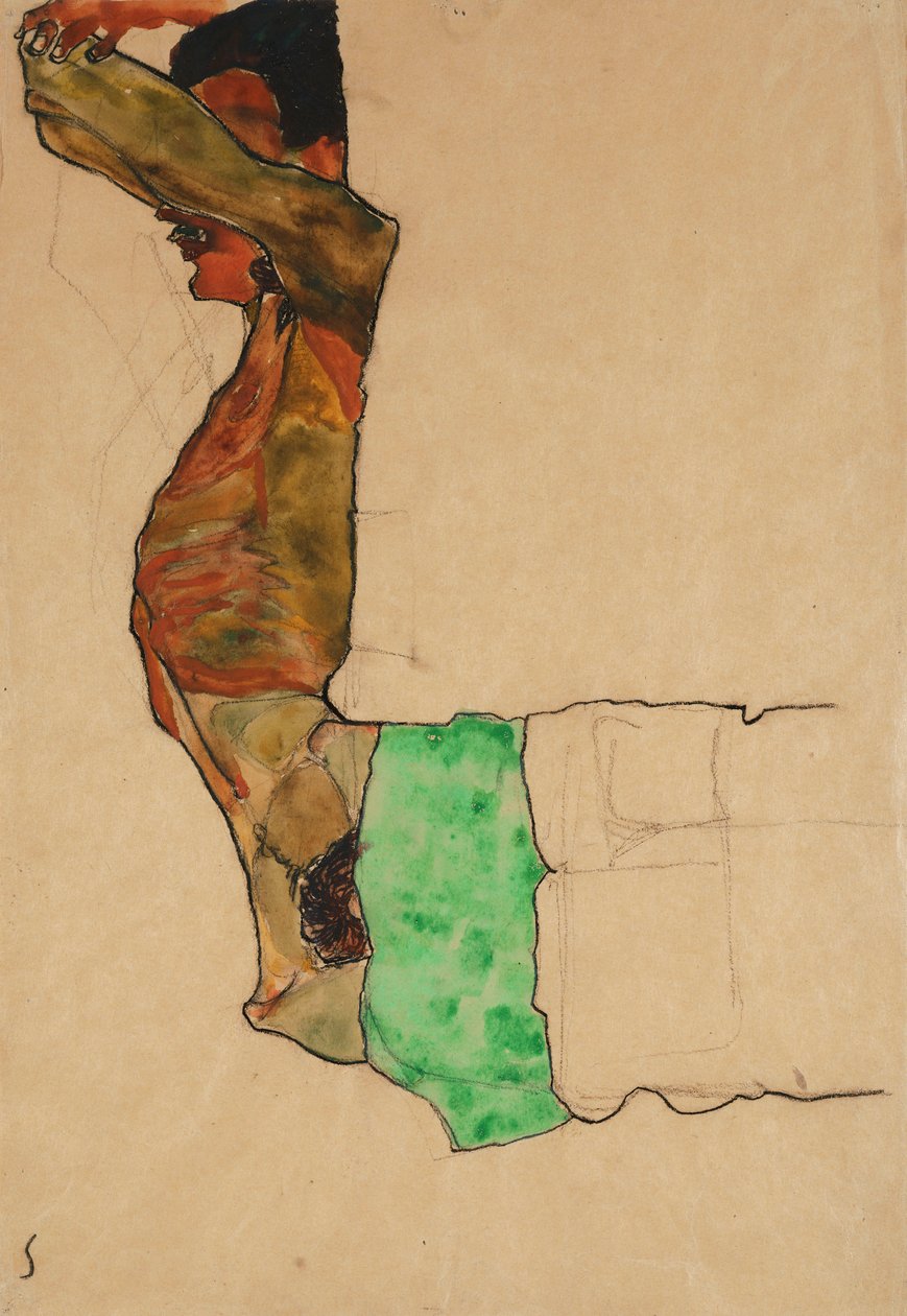 Makaava mies alaston vihreällä kankaalla tekijältä Egon Schiele
