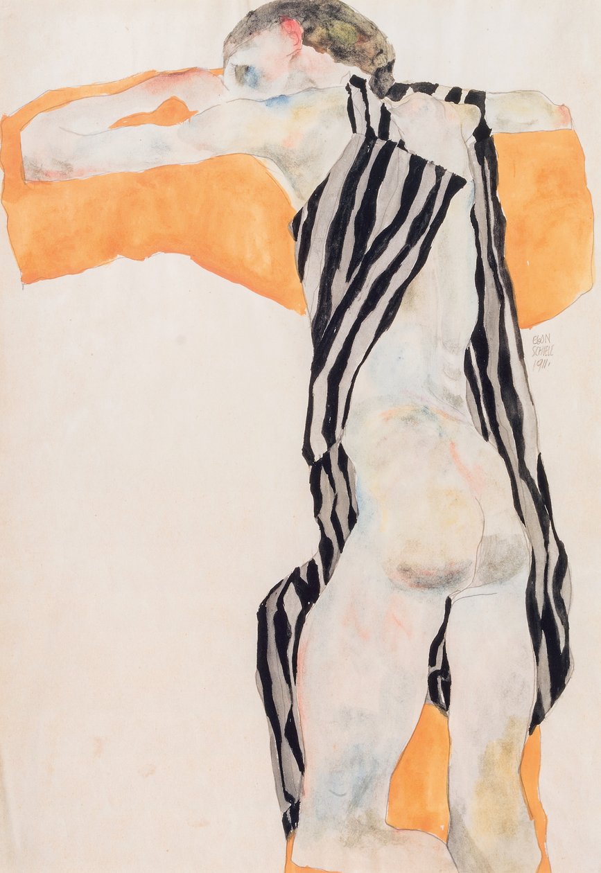 Makaava alaston tyttö raidallisessa smockissa, 1911. tekijältä Egon Schiele