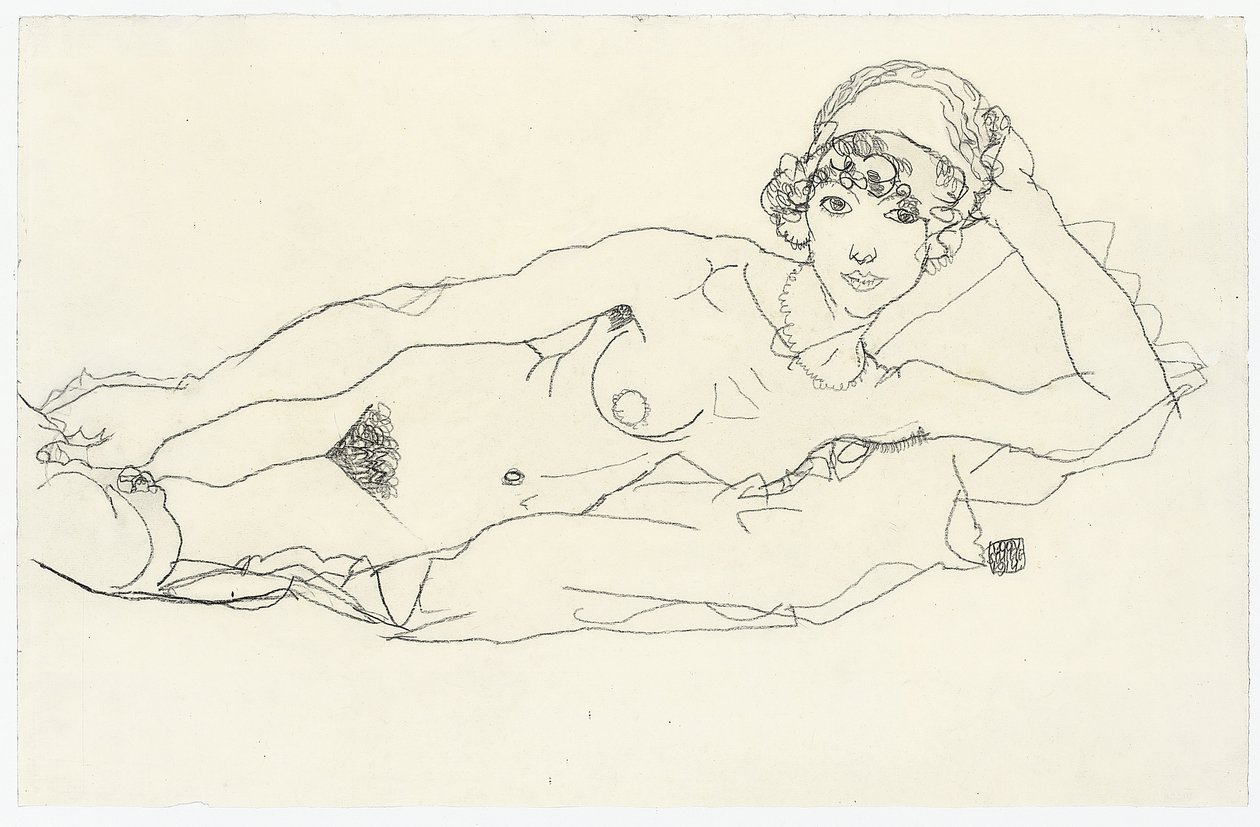 makuuasentoon alaston; Makaava alastonkuva, 1914 tekijältä Egon Schiele