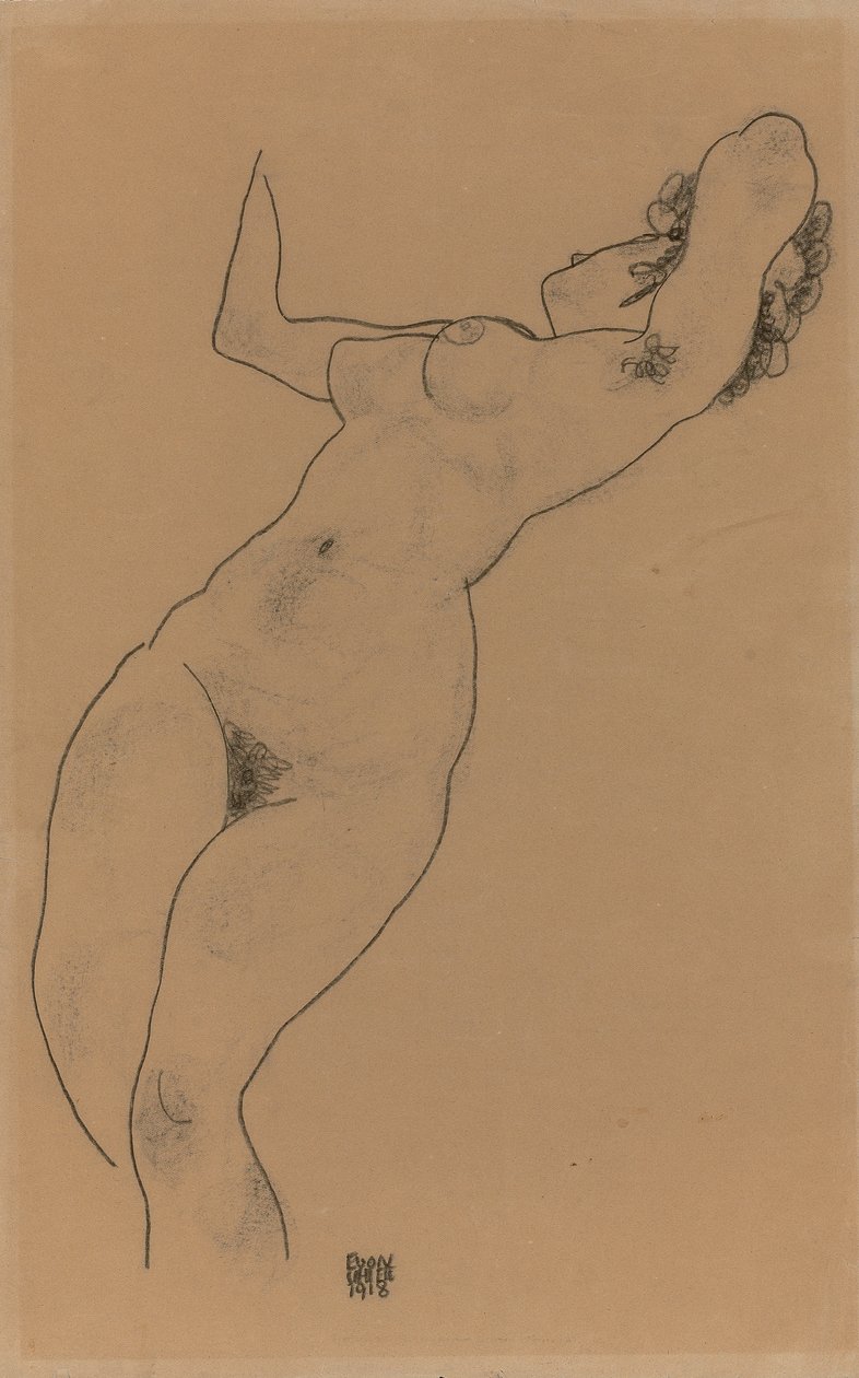 makuuasentoon alaston; Makaava alastonkuva, 1918 tekijältä Egon Schiele