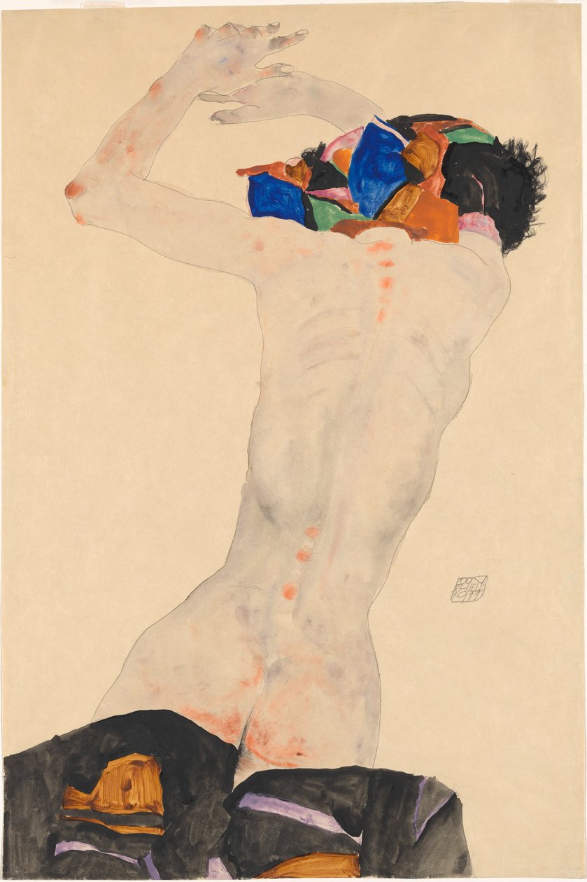 Rückenakt mit buntem Tuch Nude takaa värillisellä kankaalla, 1911. tekijältä Egon Schiele