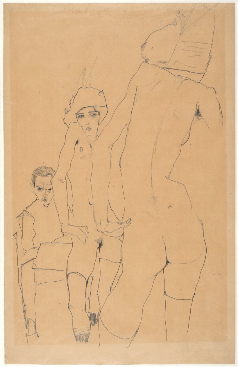 Schiele alastonmallin kanssa ennen peiliä, 1910 tekijältä Egon Schiele