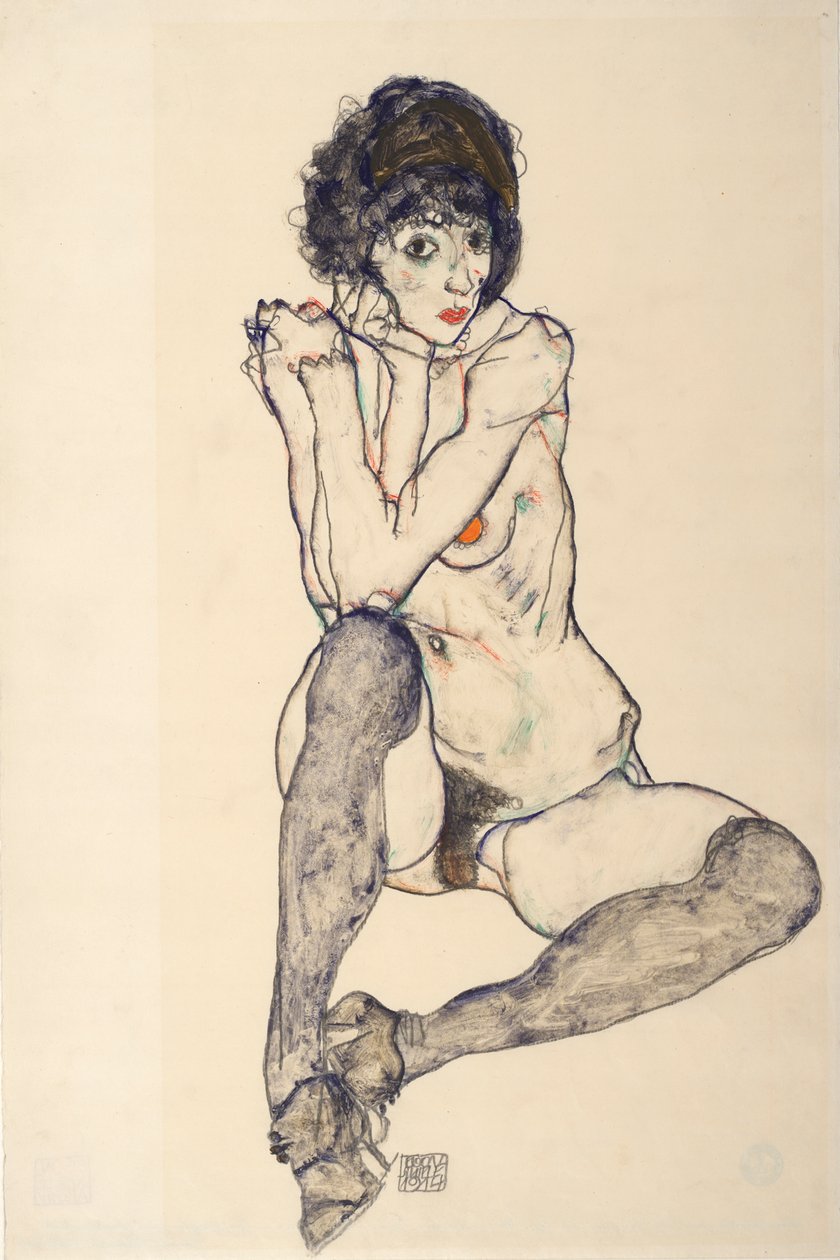 Istuva alaston nainen, kyynärpäät oikealla polvella, 1914. tekijältä Egon Schiele