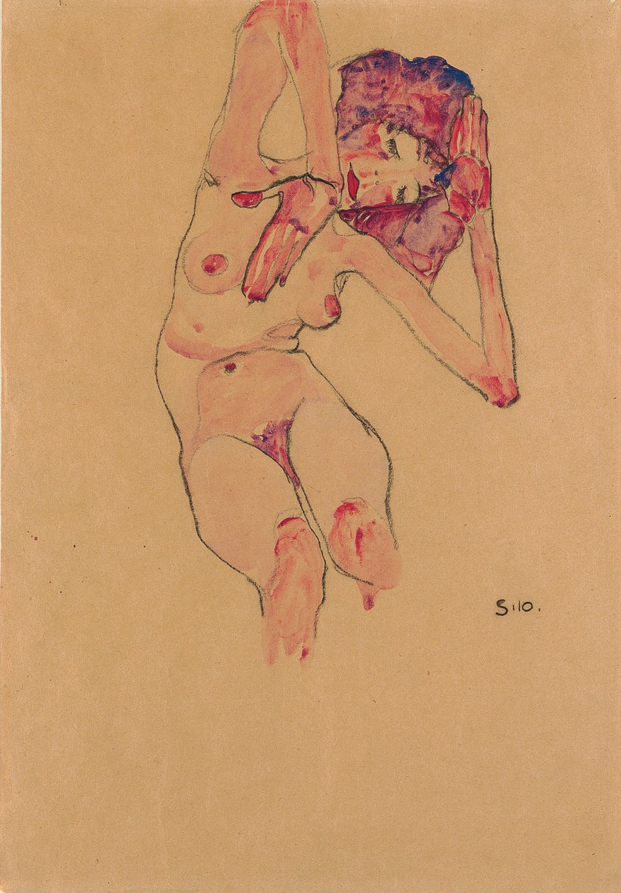 Istuva nainen alaston, kumara pää ja kohotetut kädet; Istuva alasti, pää kumartunut ja kädet koholla, 1910 tekijältä Egon Schiele