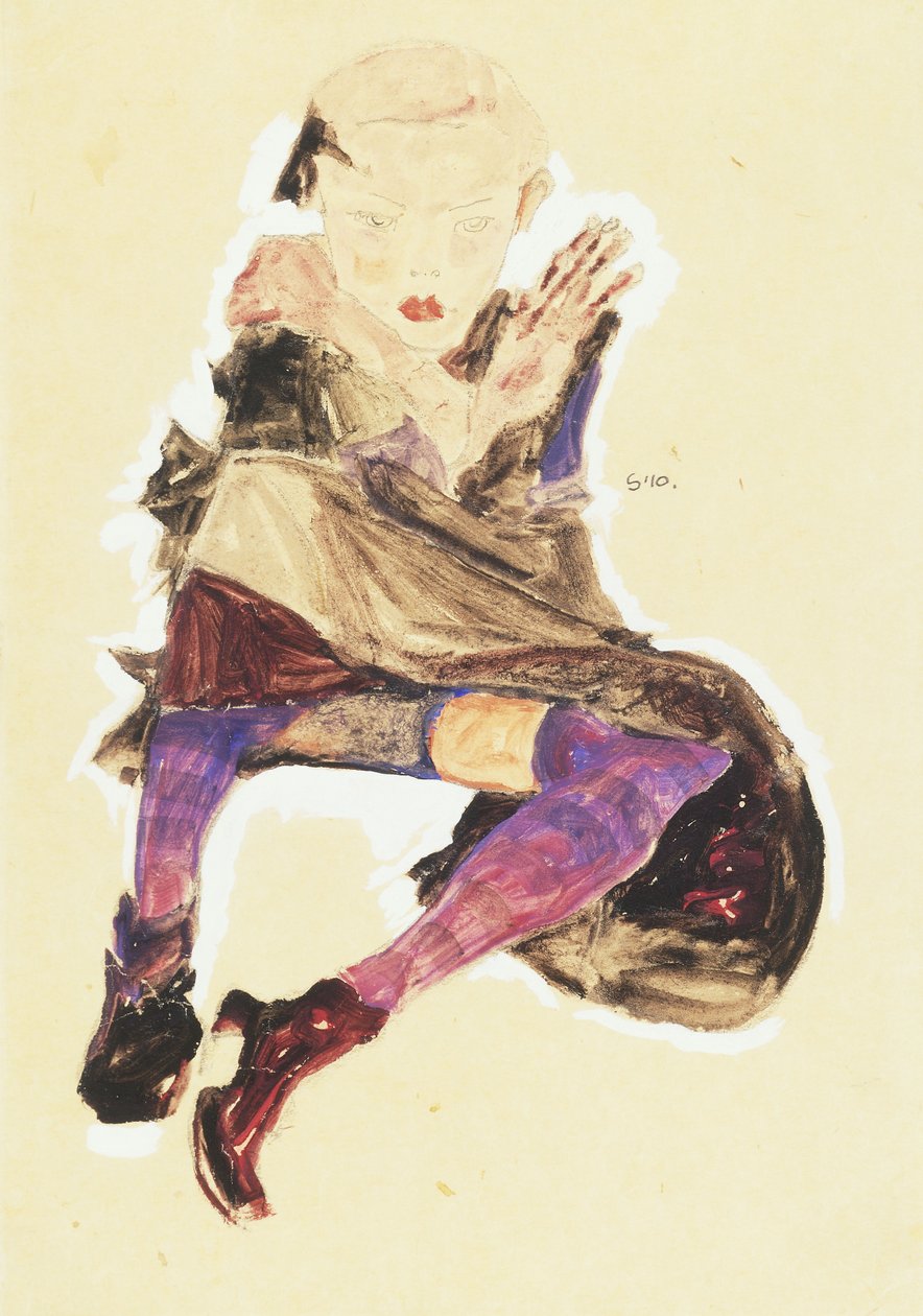 Istuva tyttö raidallisilla sukkahousuilla; Istuva tyttö raidallisissa sukkahousuissa, 1910 tekijältä Egon Schiele