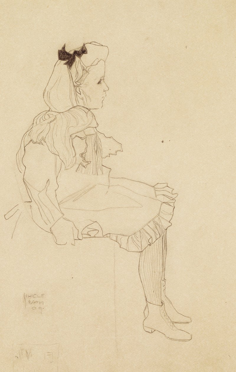 Istuva tyttö rusetti hiuksissaan, 1909 tekijältä Egon Schiele