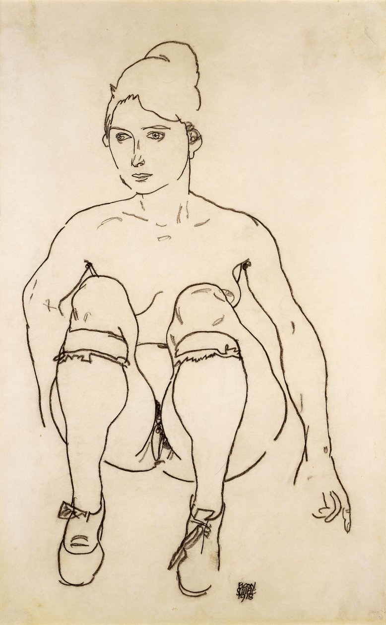 Istuva alasti kenkien ja sukkien kanssa; Istuva alaston kengät ja sukat, 1918 tekijältä Egon Schiele