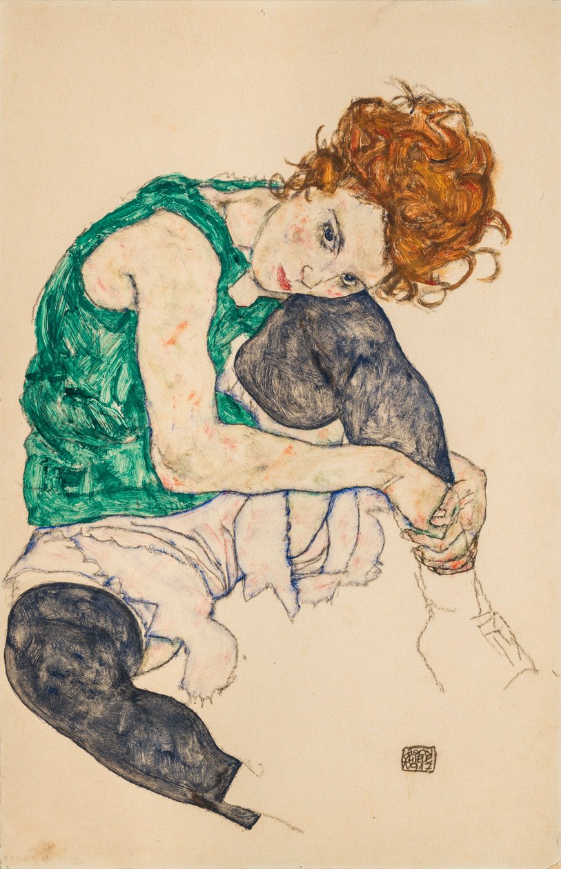 Istuva nainen koukussa polvilla, 1917 tekijältä Egon Schiele
