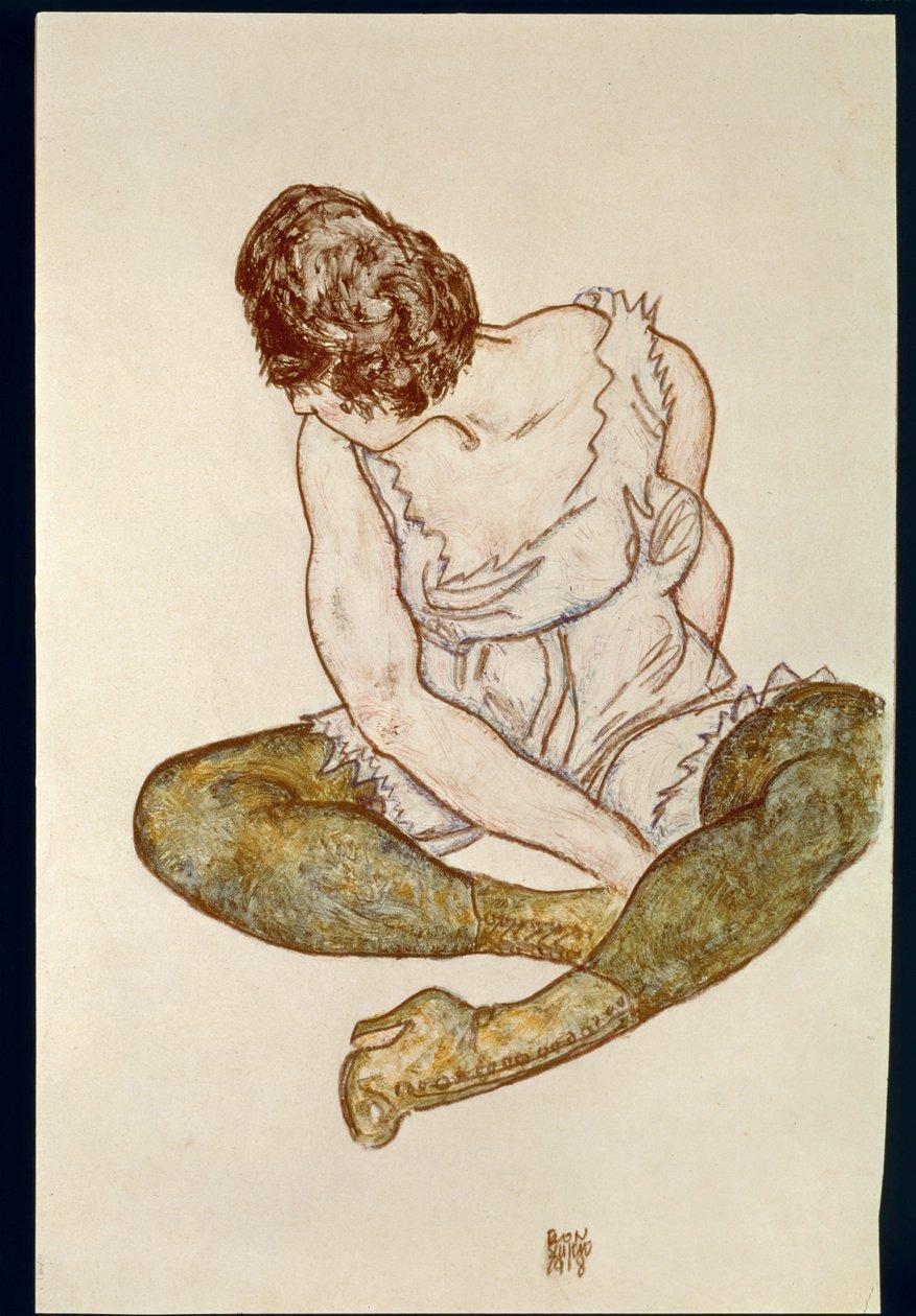 Istuva nainen ja vihreät sukat ... (akvarelli ja musta väriliitu) tekijältä Egon Schiele