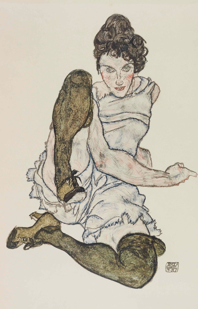 Istuva nainen jalat kohotettuina, 1917. tekijältä Egon Schiele