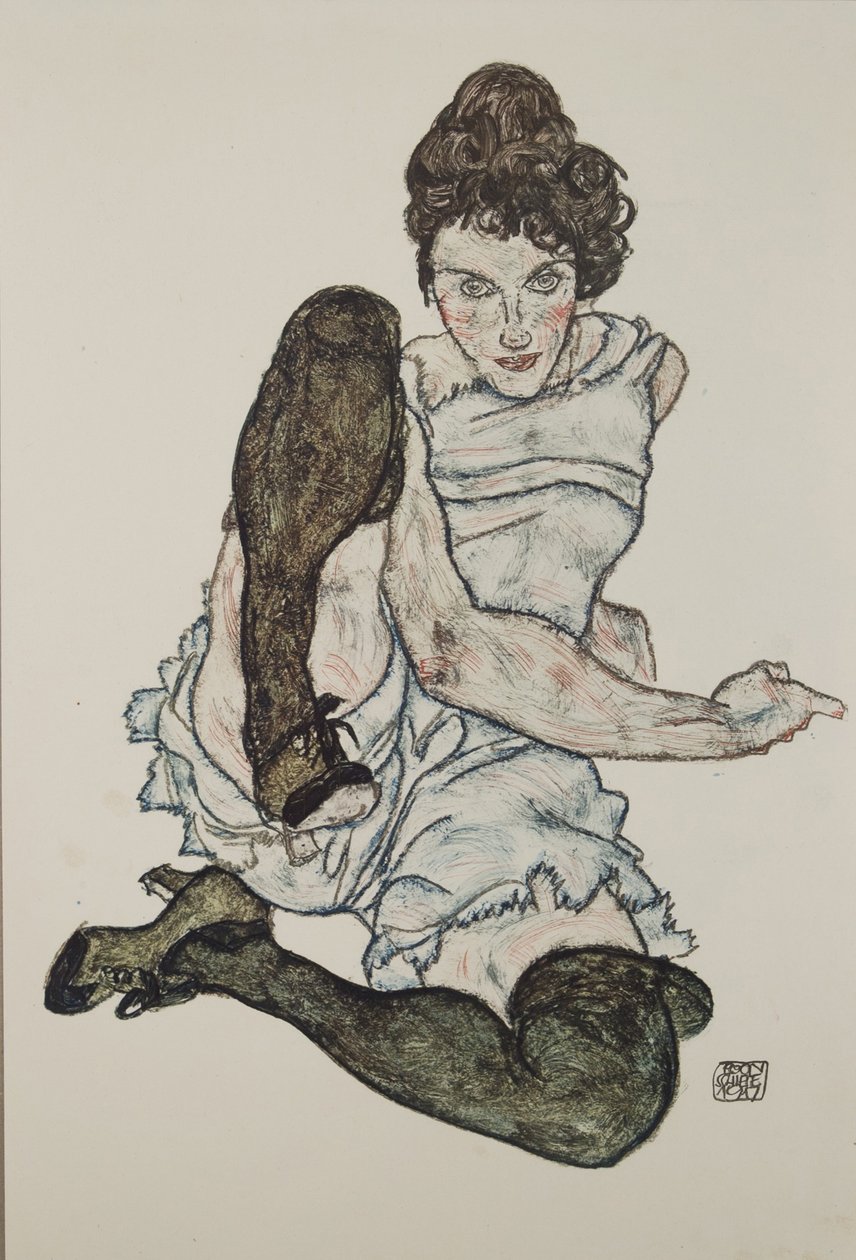 Istuva nainen jalat kohotettuina, 1917 tekijältä Egon Schiele