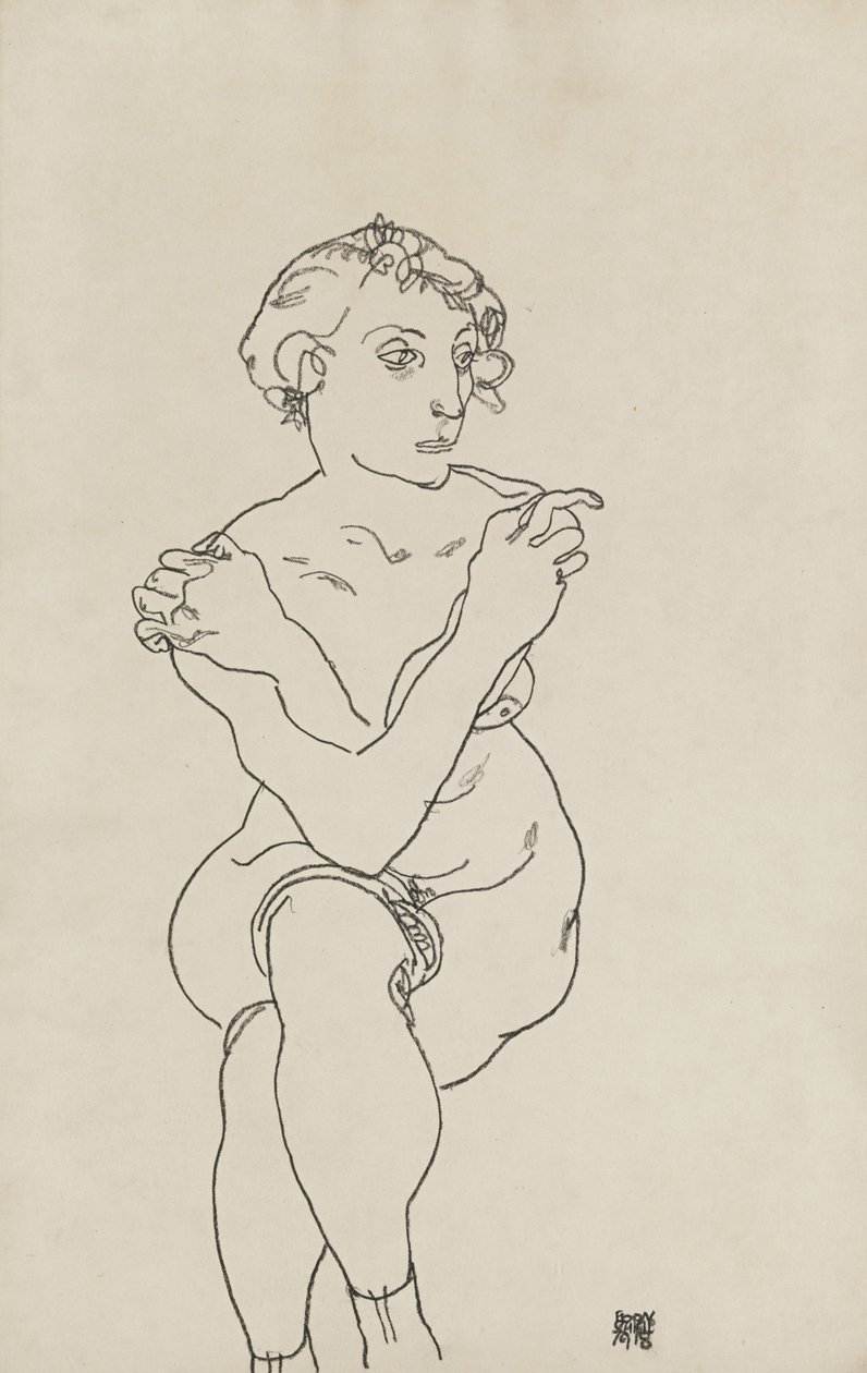 Istuva nainen, alaston, kädet ja jalat ristissä, 1918 tekijältä Egon Schiele