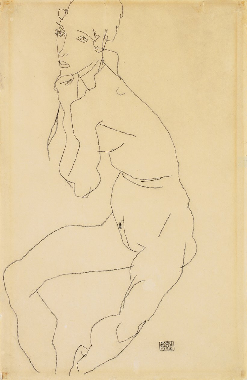Istuva nainen, käsi leuassa, 1914 tekijältä Egon Schiele