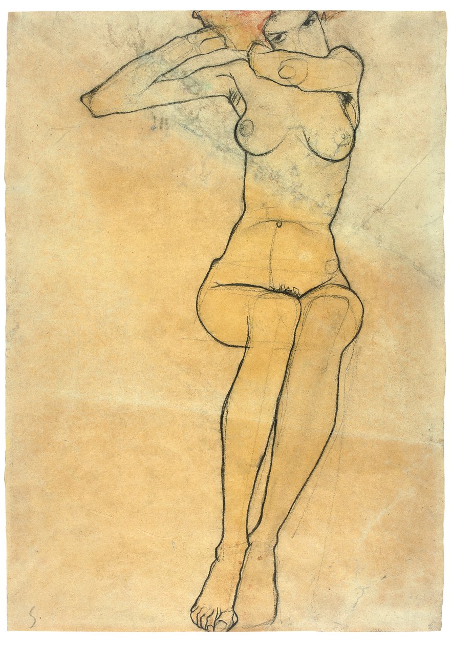 Istuva alaston, 1910 tekijältä Egon Schiele