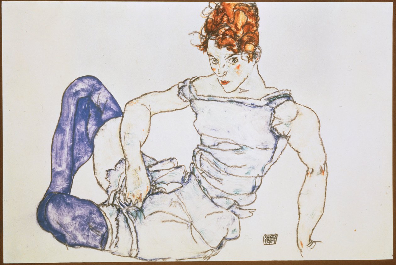 Istuva nainen violeteissa sukissa ... (guassi ja musta väriliitu) tekijältä Egon Schiele