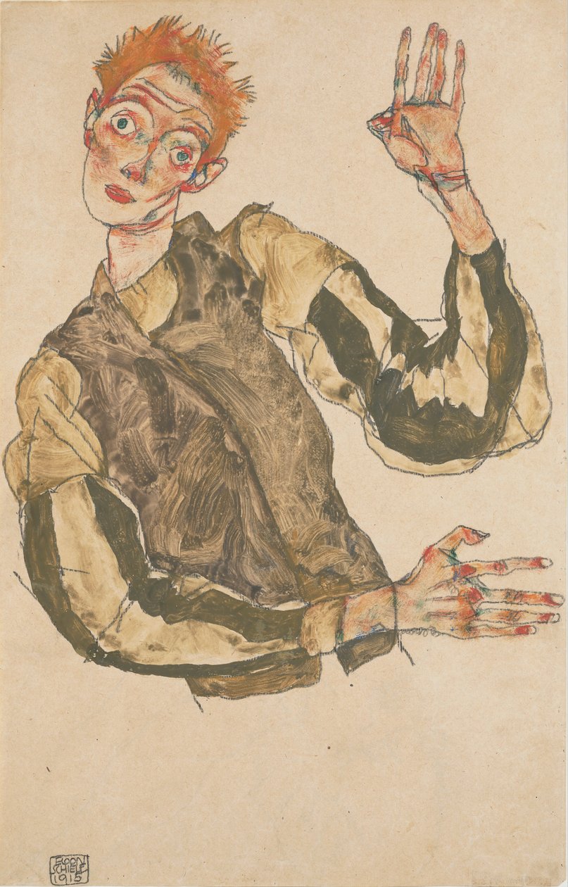 Omakuva raidallisilla hihansuojuksilla tekijältä Egon Schiele