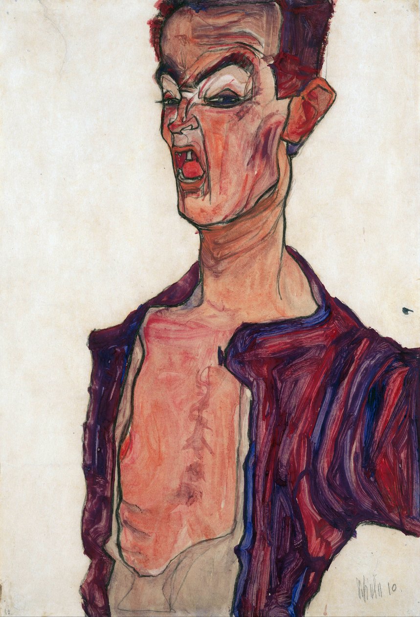 Omakuva, Irvistys - Schiele, Egon (1890-1918) - 1910 - Guassi paperille - 45,3x30,7 - Leopold-museo, Wien tekijältä Egon Schiele