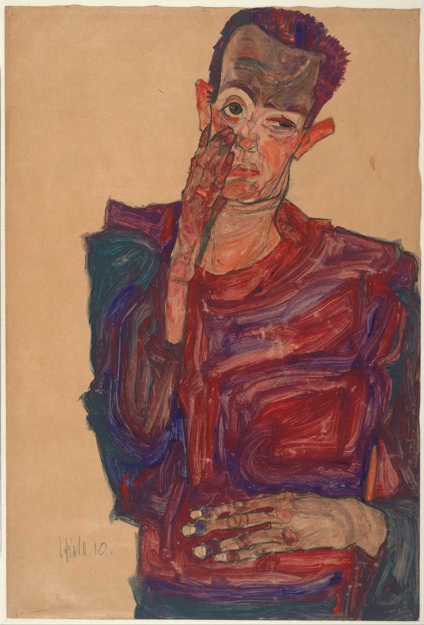 Omakuva silmäluomen alas vedettynä, 1910 tekijältä Egon Schiele