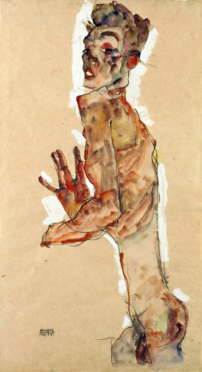 Omakuva räjäytyssormilla - Schiele, Egon (1890-1918) - 1911 - musta liitu, guassi paperille - 52,5x28 - Leopold-museo, Wien tekijältä Egon Schiele