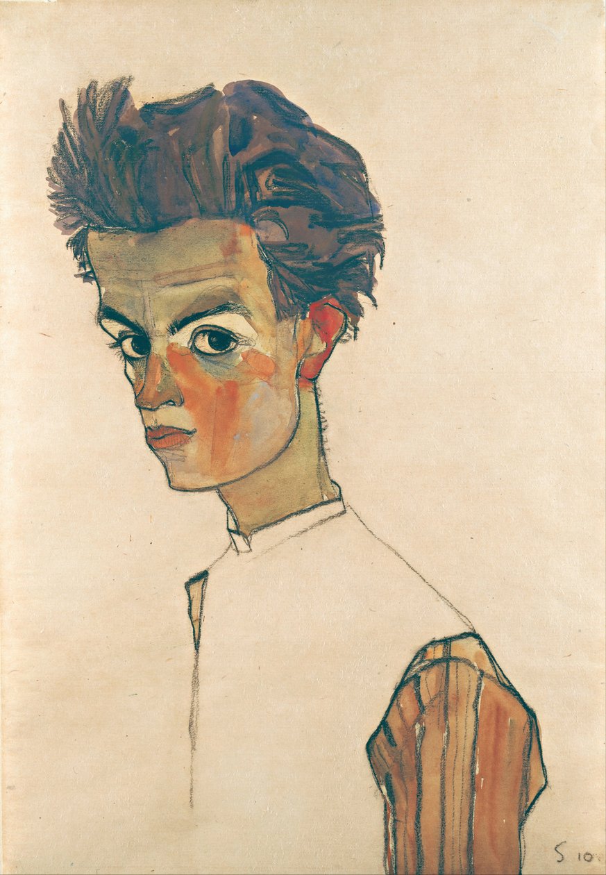 Omakuva raidallisella paidalla, 1910 (grafiitti & wc paperilla) tekijältä Egon Schiele