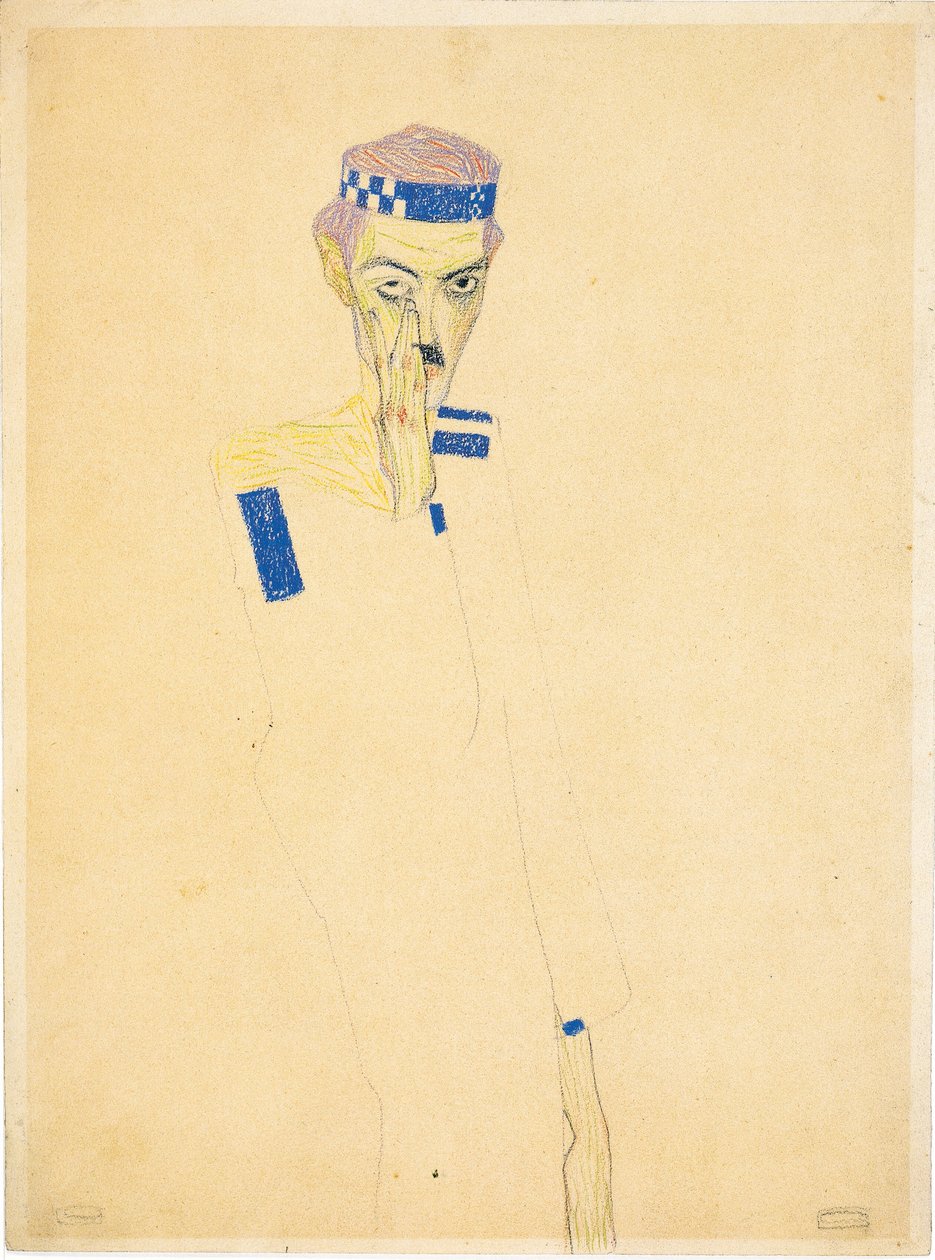 Omakuva sinisellä ruudullisella otsapantalla, 1909. tekijältä Egon Schiele
