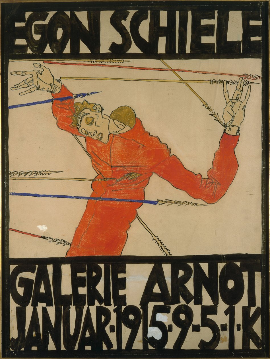 Omakuva Saint Sebastianina, julistesuunnittelu am-näyttelyyn Galerie Arnotissa, 1914 (guassi, musta värikynä ja muste pahville) tekijältä Egon Schiele