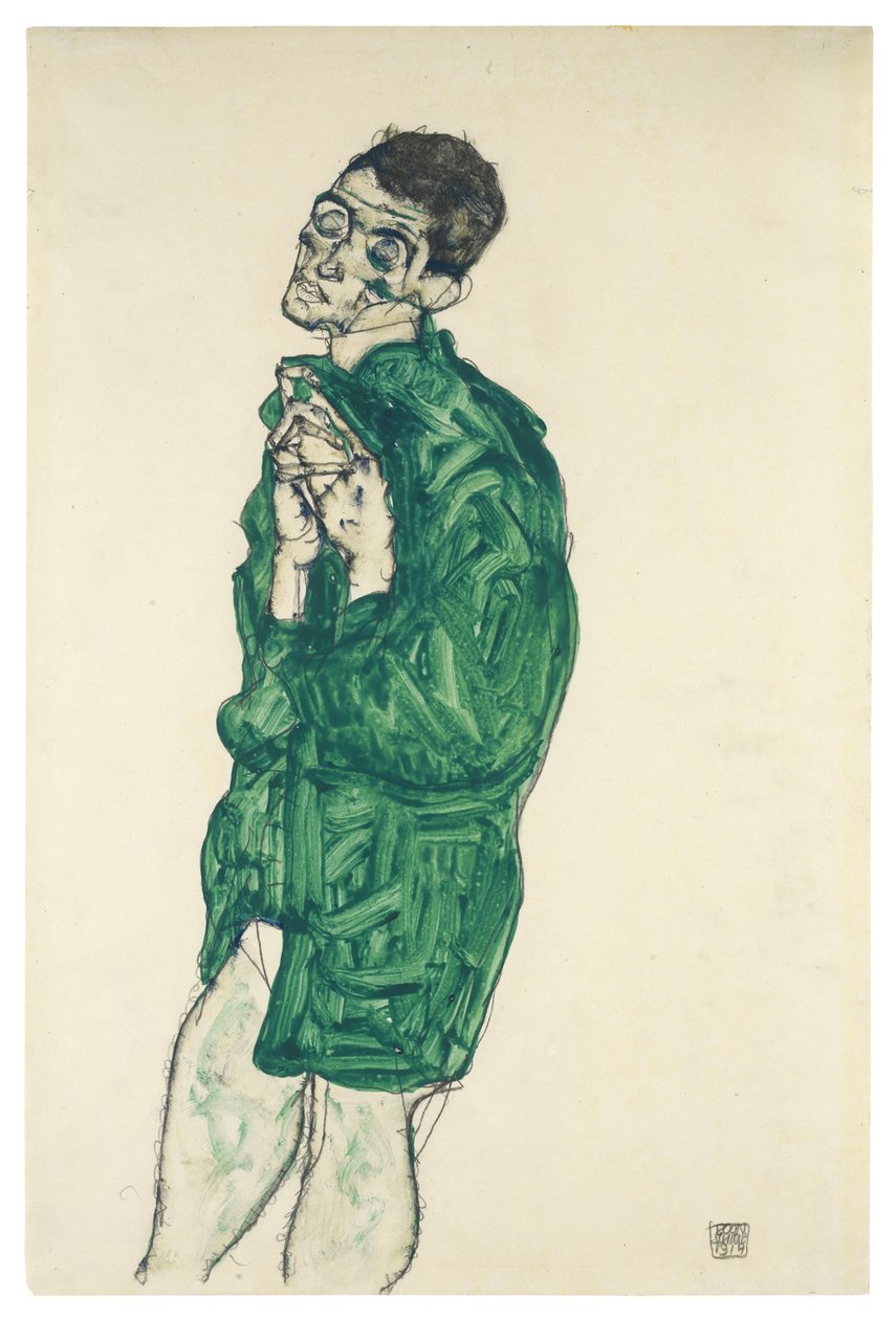Omakuva vihreässä paidassa silmät kiinni, 1914 tekijältä Egon Schiele