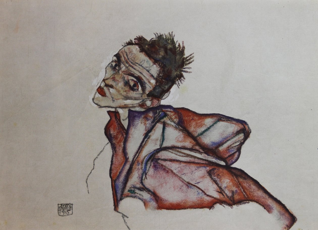 Omakuva, jossa käsivarret taaksepäin, 1915. tekijältä Egon Schiele