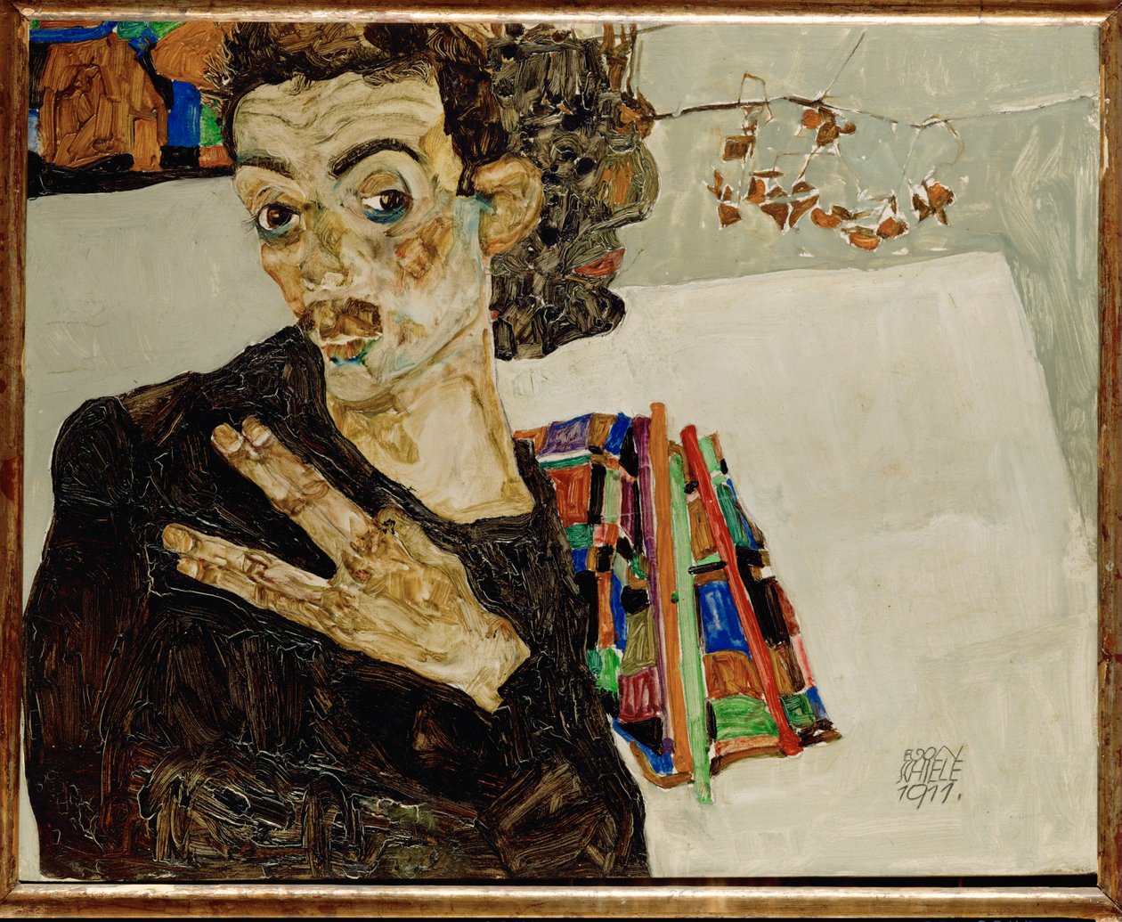 Omakuva levittyneillä sormilla tekijältä Egon Schiele