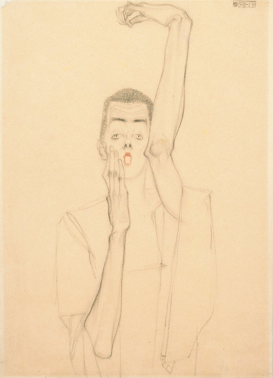 Omakuva kohotettu käsi ja punainen suu tekijältä Egon Schiele