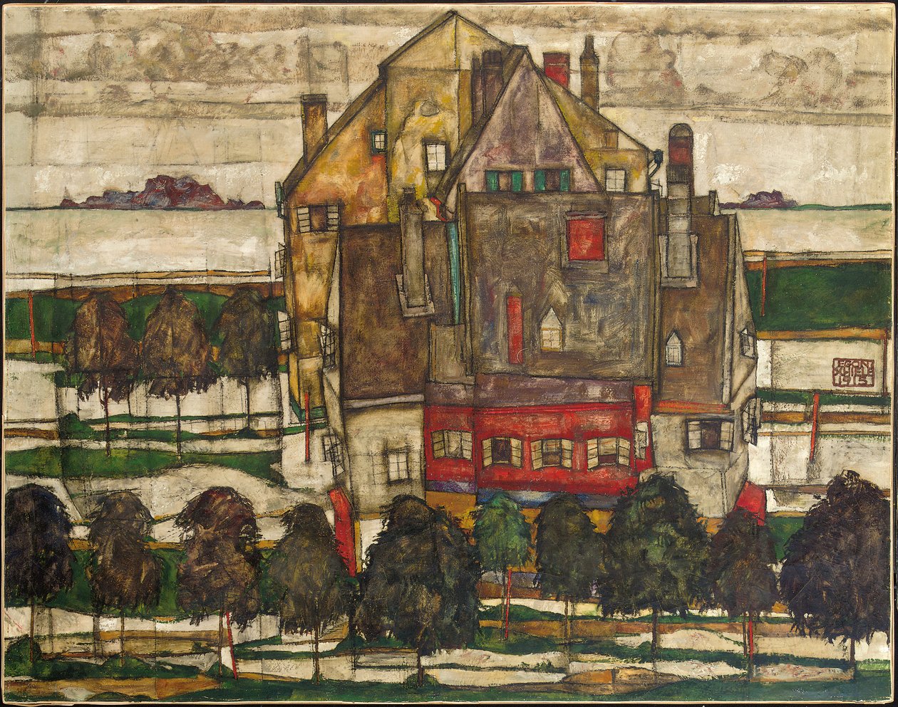 Yksittäiset talot (Talot vuoristossa) 1915 (öljy kankaalle) tekijältä Egon Schiele