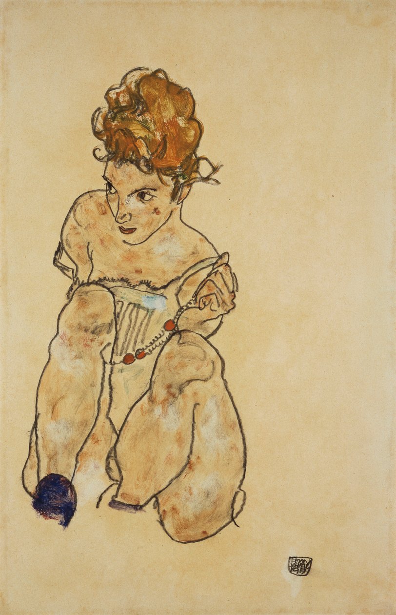 Istuva tyttö alusvaatteissa, 1917 tekijältä Egon Schiele