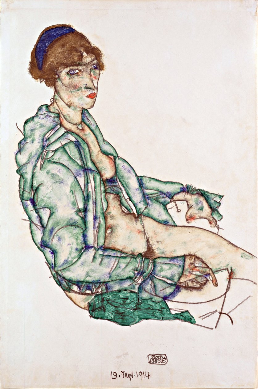 Istuva puolialaston sininen hiusnauha - Schiele, Egon (1890-1918) - 1914 - Musta liitu, guassi paperille - 47,4x31,3 - Leopold-museo, Wien tekijältä Egon Schiele