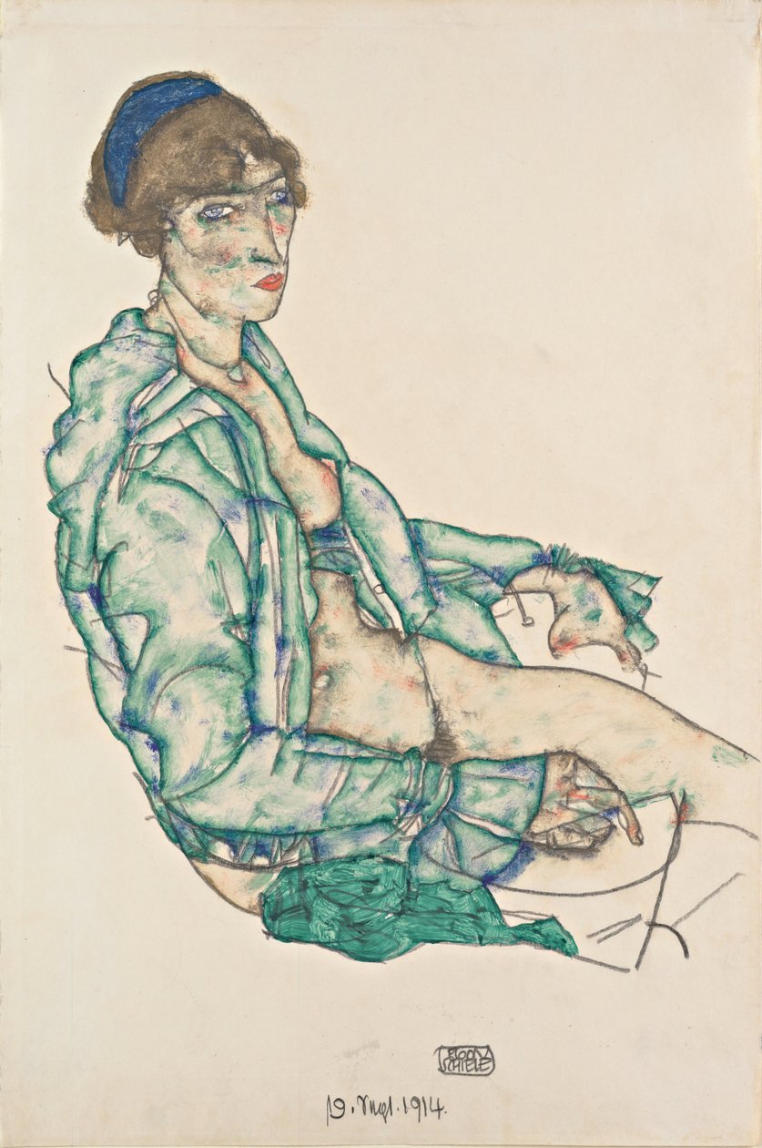 Istuva puolialaston sinisellä hiusnauhalla tekijältä Egon Schiele