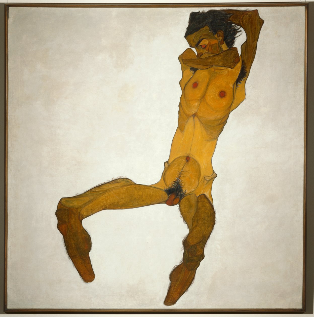 Sitzender Männerakt ... (öljy ja akvarelli kankaalle) tekijältä Egon Schiele