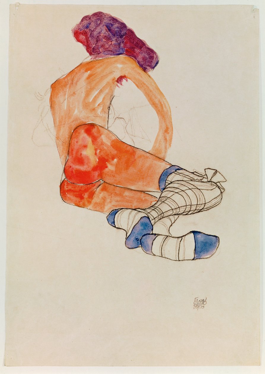 Istuva naisen alaston sinisen sukkanauhan kanssa, ... (guassi, akvarelli ja hiili) tekijältä Egon Schiele