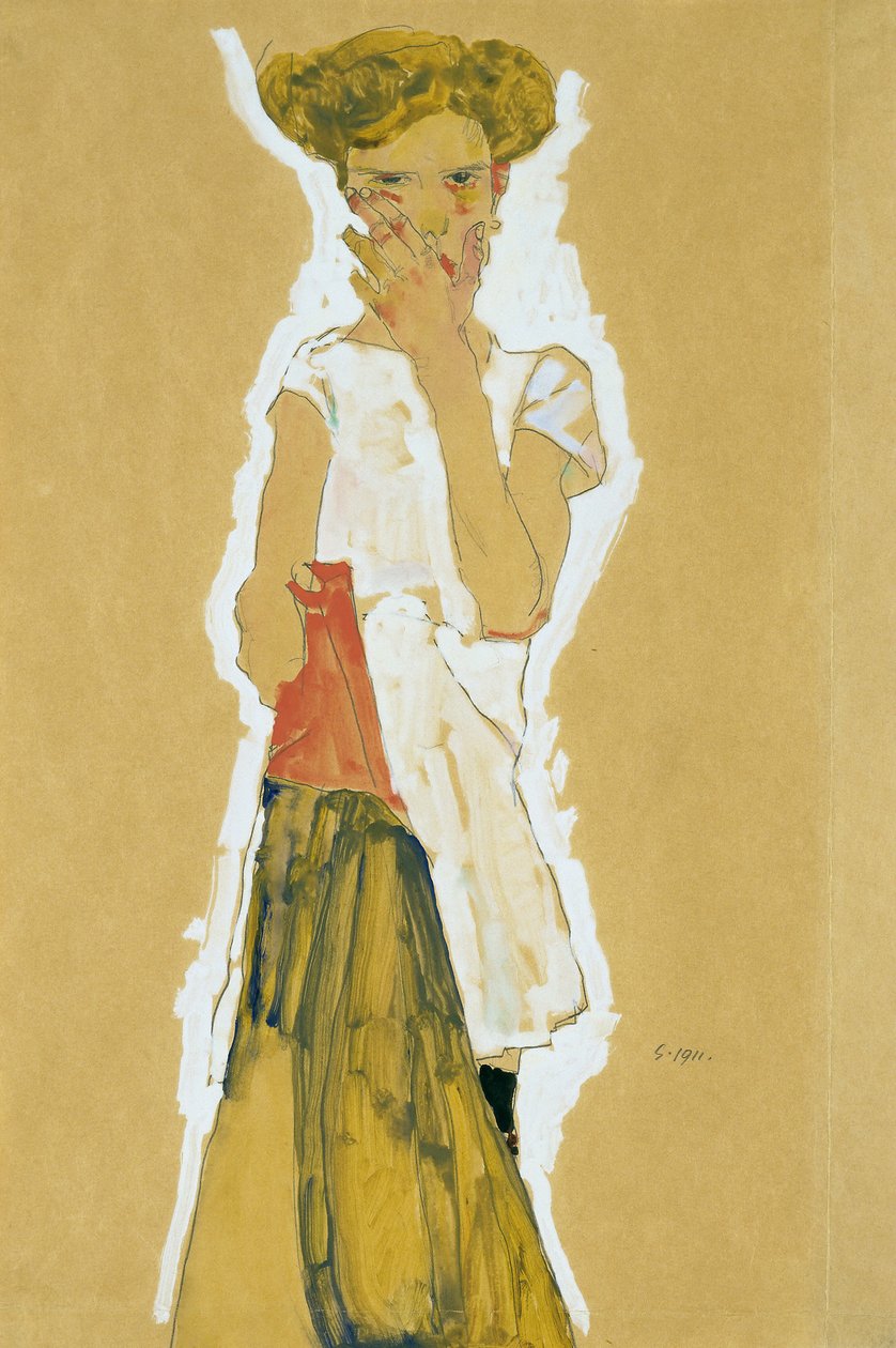 Seisova tyttö valkoisessa alushameessa tekijältä Egon Schiele