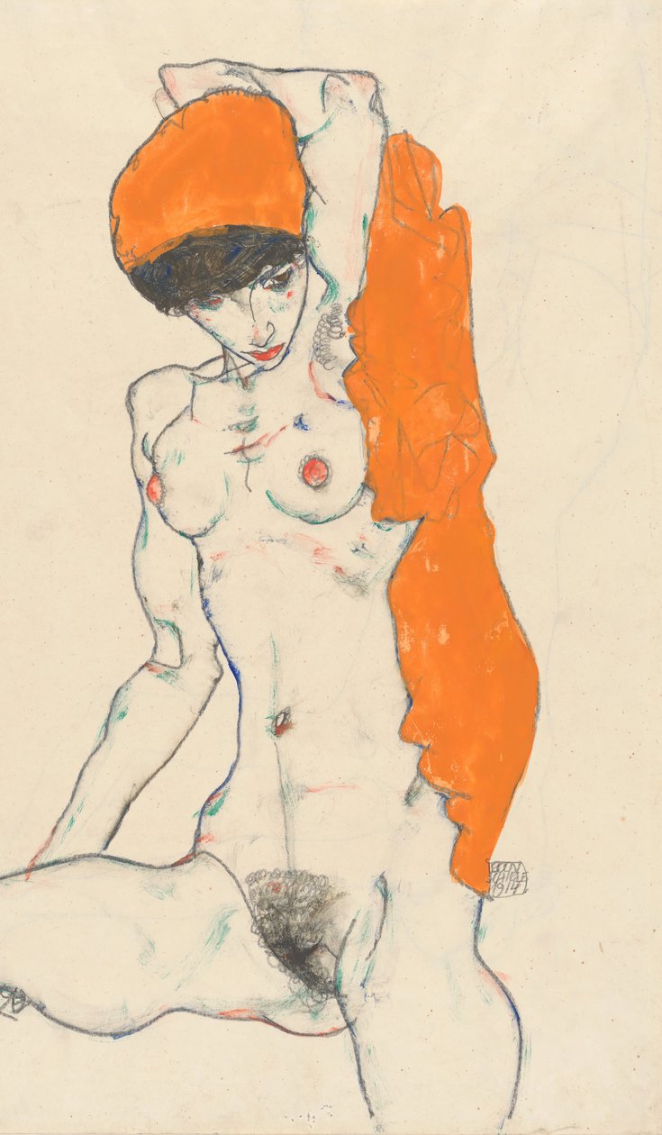 Pysyvä alaston oranssi verhoilu recto: Tutkimus alastonkuvasta kädet kohotettuina verso, 1914. tekijältä Egon Schiele